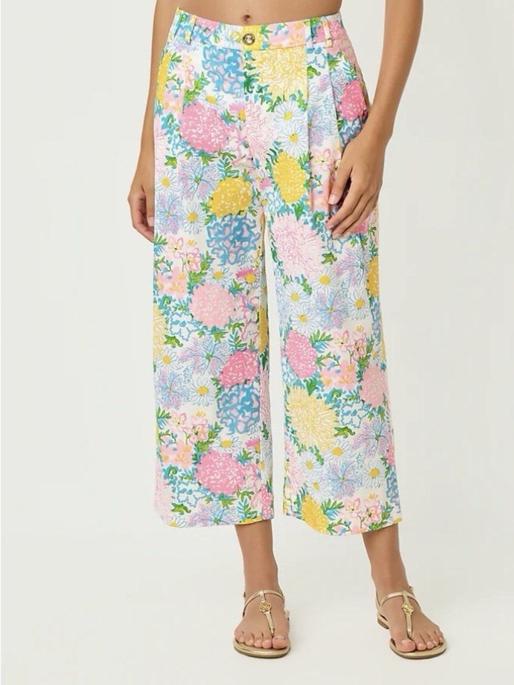 Lilly Pulitzer Mandalay Wide Leg Cropped Floral Pants in Pink, Yellow & Blue 00